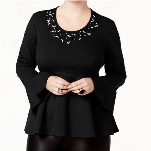 NWT Melissa McCartney Seven 7 Black Rhinestones Embellished Peplum Top Blouse 1X - Picture 1 of 6